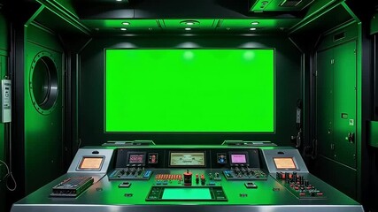 Dynamic control room with green screen ready for visual effects and futuristic projects