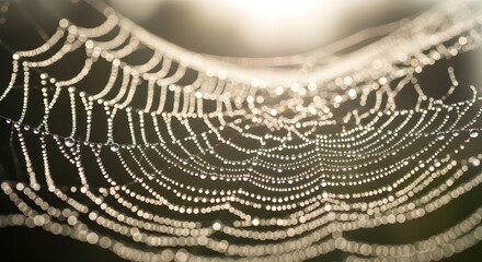 Sparkling dew drops adorn intricate spiderweb glistening with morning sunlight, a delicate natural masterpiece.