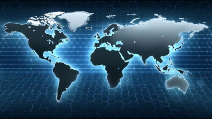 Poster - Global digital network connection map with glowing lines linking continents illustrating worldwide communication data exchange futuristic technology visualization digital world map with hexagonal