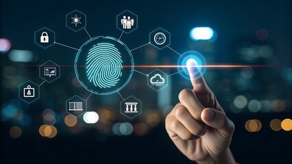 finger touching digital interface with fingerprint scan for security system