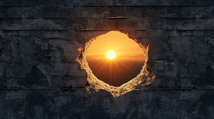 Wall Mural - Stunning view of sunset through hole in textured wall, creating contrast between rough surface and warm, glowing sun. scene evokes feelings of hope and beauty