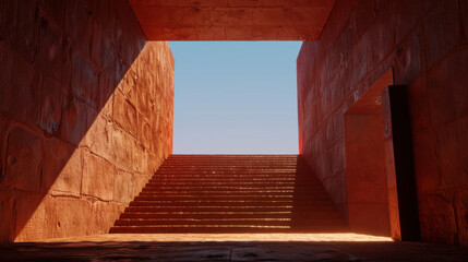 Poster - Stunning architectural scene featuring staircase leading to open sky, framed by textured red walls. warm tones create dramatic atmosphere, inviting exploration and reflection