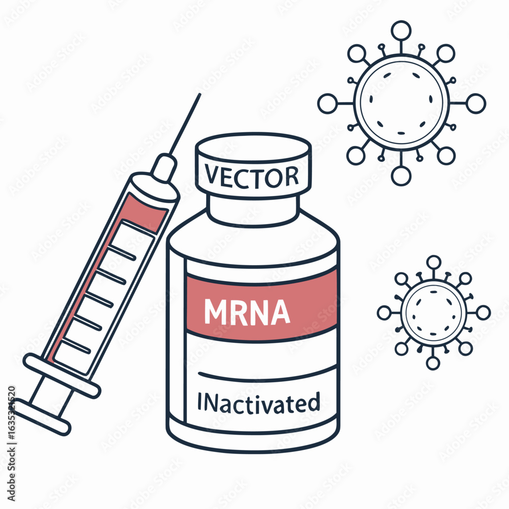 Mrna Vector Design Vaccine bottle labeled with mRNA, vector, inactivated types generaed by ...