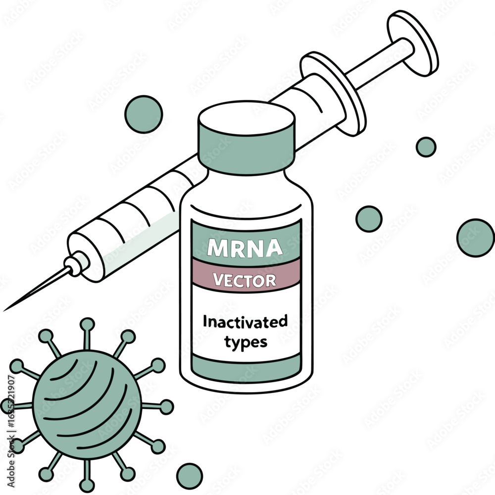 Mrna Vector Design Vaccine bottle labeled with mRNA, vector, inactivated types generaed by ...