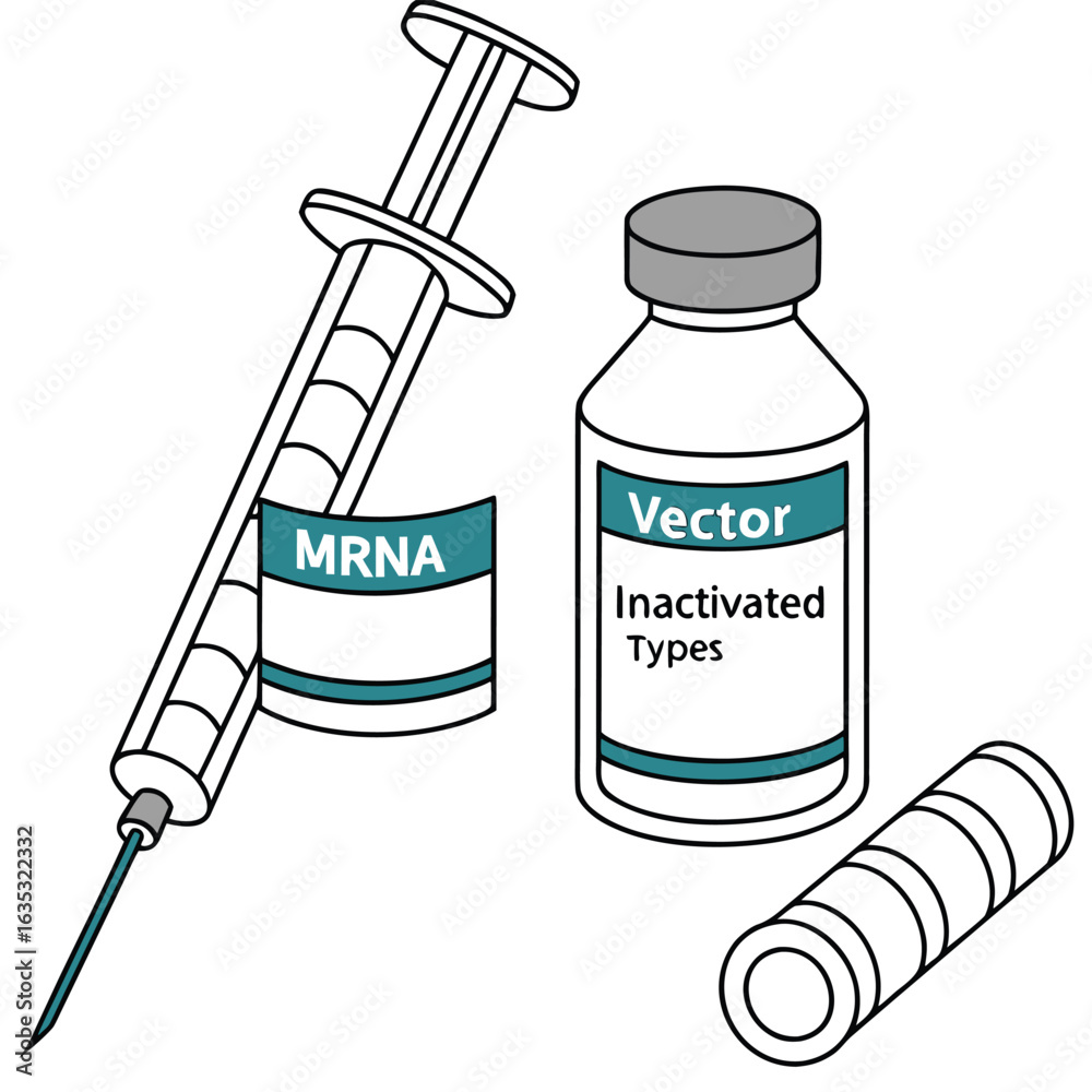 Mrna Vector Design Vaccine bottle labeled with mRNA, vector, inactivated types generaed by ...