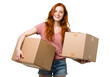 © Loka Design - Cheerful redhead with cardboard boxes Young woman with red hair carrying parcels for moving or shipping