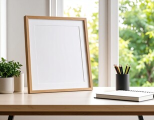Minimalist Desk Scene with Blank Frame Plant and Stationery by Window.