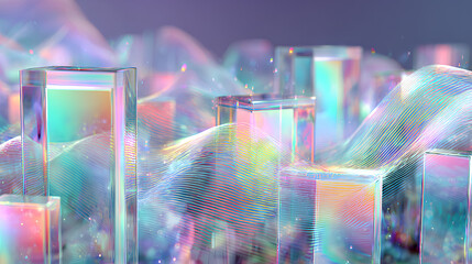 Poster - Hologram glass shapes dynamic 3d background. Abstract bg with row of crystal square plates. Holographic light transparent gradient wave line pattern. Render digital tech banner Stock Illustration