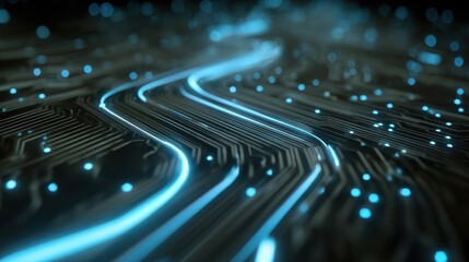 Poster - Abstract close-up view of a futuristic circuit board with glowing blue lines and luminous dots on a dark background representing technology and connections