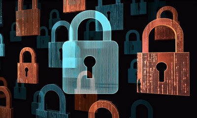 Poster - 
A digital illustration depicting multiple padlocks in shades of blue and red, representing data security. The background is filled with binary code to symbolize the technological aspect.