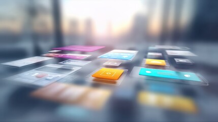 City sunset, app interface, floating screens, digital technology