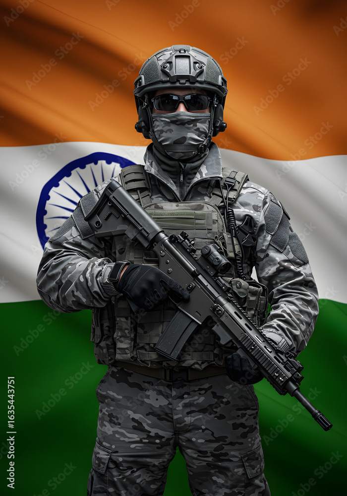 Indian Soldier in Camouflage Uniform, Holding Assault Rifle, Posing Against Indian Flag. Military, Defence.