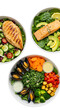 © Kamran - Isolated Photo of Healthy Gourmet Food Bowls with Chicken Salmon and Mussels on Black Background