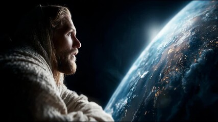 Wall Mural - God creates the world. Profile of a contemplative man with long hair gazing at Earth from space, surrounded by a cosmic backdrop, reflecting on existence and the universe's mysteries