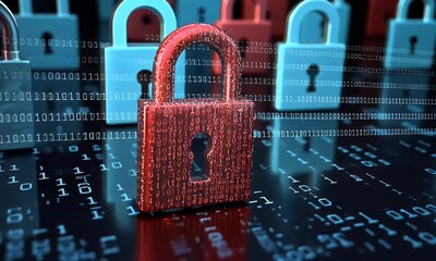 Poster - 
A digital illustration depicting multiple padlocks in shades of blue and red, representing data security. The background is filled with binary code to symbolize the technological aspect.