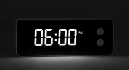 A digital clock displaying the time six o clock pm with two buttons on a dark grey background