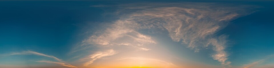 Wall Mural - 360 panorama of glowing sunset sky with bright cirrus clouds. hdr 360 seamless spherical panorama. f