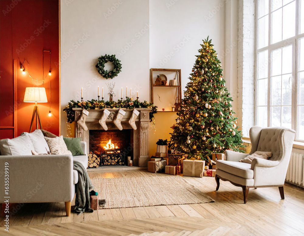 A cozy Christmas living room interior at night, with a brightly lit ...