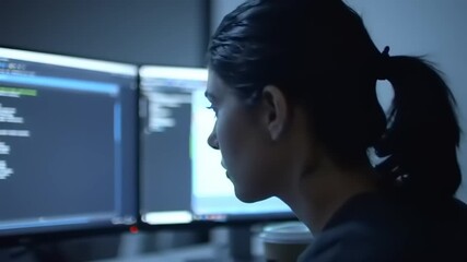 Woman coding late night with dual monitors.