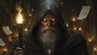 © ProPhotos - A wise magician, wearing a hood, looks directly into the camera. Ancient scrolls float around him in the dark, candle-lit room.