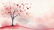 © ProPhotos - A tree in a tranquil park, heart-shaped leaves falling like confetti, creating a romantic atmosphere with a soft pink sunset in the background on Valentine's Day. watercolor style,