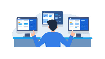 Web developer working on multiple computer screens for coding and software development project management tasks