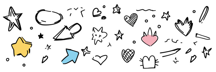 Poster - Hand drawn doodle elements collection with stars hearts arrows scribbles abstract shapes colorful highlights vector illustration design accents on white background