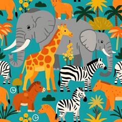  Seamless pattern with cute african animals. Elephant, leopard, giraffe, zebra and crocodile. Vector illustration in flat style.