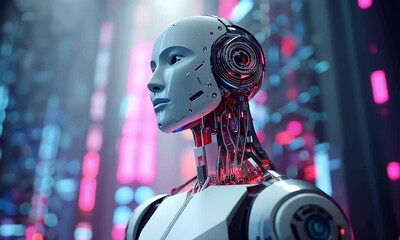 Sticker - a futuristic robot with glowing eyes stands in front of an array of digital screens displaying color