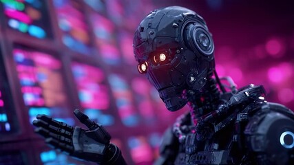 Sticker - a futuristic robot with glowing eyes stands in front of an array of digital screens displaying color
