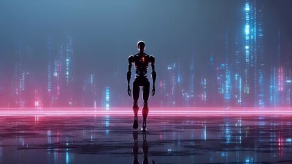 Sticker - a futuristic robot with glowing eyes stands in front of an array of digital screens displaying color