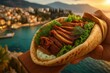 © Iurii - Delicious wrap showcasing tender meat and fresh ingredients at sunset by the sea