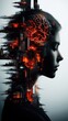 © Neuraldesign - Abstract city and fragmented wall combine, glass head cradles a brain within, neon threads intertwined, reflections flicker through layered collage elements.