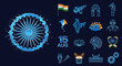 © BUDENGRMX - Vector Icons Set of Futuristic Indian Independence Day with Glitched Ashoka Chakra and Neon Icons. Vector Illustrations. EPS Editable