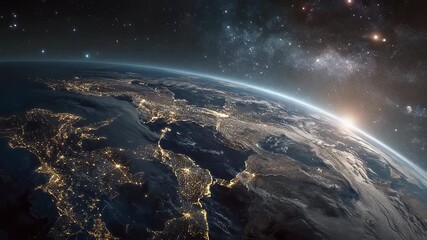 Wall Mural - planet earth from outer space with glowing blue atmosphere, illuminated continents, vibrant oceans, 