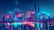 © aseenz imagine - Shanghai cityscape glows with vibrant neon lights reflected in calm water at night for travel advertisement tourism promotion urban development modern city concept