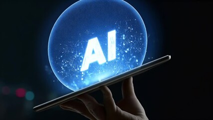Wall Mural - hand holding a tablet with glowing text ai on a dark background, a digital technology concept for ar
