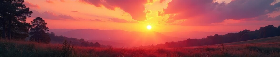 Wall Mural - Serene sunrise paints the sky with vibrant oranges and pinks, casting a warm glow over a tranquil landscape  Perfect for relaxation and meditation themes ,  relaxation,  tranquil