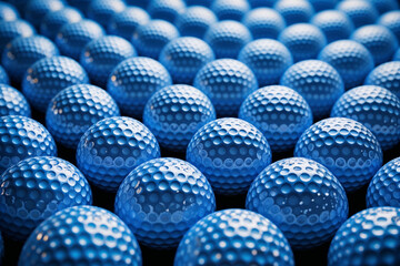 Many blue golf balls in rows dimpled sports equipment