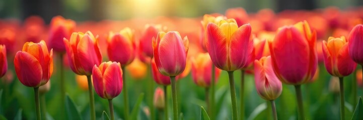 Wall Mural - Vibrant tulips bursting forth in a profusion of color, signifying the renewal and energy of springtime A breathtaking display of nature's artistry , growth, spring flowers