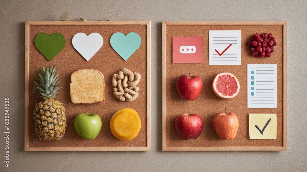 Colorful food layout with fruits, toast, and notes on cork boards wall ...