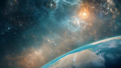 Wall Mural - Breathtaking view of planet earth from outer space with glowing atmosphere, vibrant blue oceans, swirling clouds, distant stars, and colorful nebula in deep cosmic background