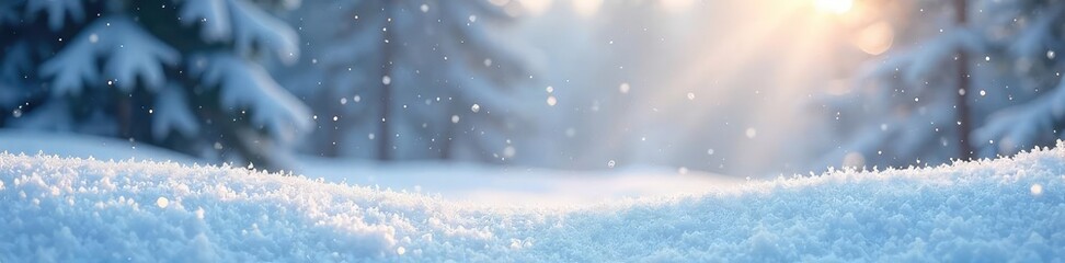 Wall Mural - Ethereal snowflakes gently fall on a pristine, snow-covered landscape under a soft, diffused light  A serene winter scene perfect for holiday or nature themes ,  gleam,  nature