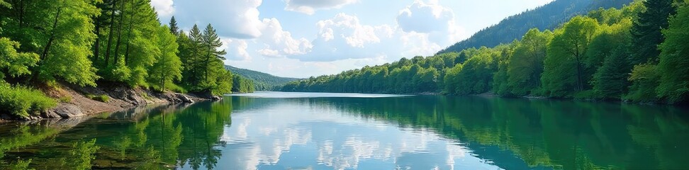 Wall Mural - Serene Canadian park landscape featuring lush green trees, a tranquil lake reflecting the sky, and a rocky shoreline Perfect for nature, travel, and tourism themes , rocky, hills