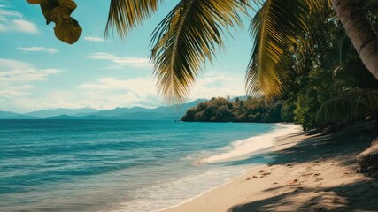 Wall Mural - A serene coastal scene with palm trees swaying in the breeze, overlooking the vast ocean