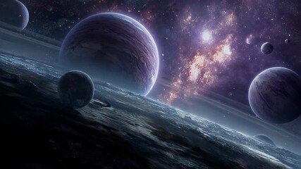 Wall Mural - Sunrise over multiple planets in deep space with glowing light rays, colorful cosmic clouds, and distant stars — breathtaking interplanetary view of the universe and celestial beauty