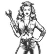 © Oleksandr Pokusai - confident woman in mechanic overalls holding a wrench, symbolizing strength and empowerment sketch engraving generative ai fictional character vector illustration. Scratch board. Black and white.