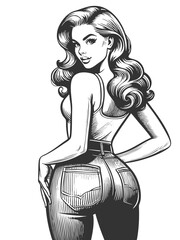 Wall Mural - pin-up style woman turning back, wearing a tight shirt and high-waisted jeans with attitude sketch e