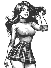 Wall Mural - pin-up girl wearing a plaid skirt and tight turtleneck, smiling and posing playfully sketch engravin