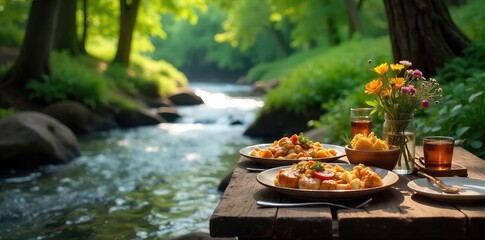 Wall Mural - A lively stream, vibrant with foliage, flows alongside a rustic table laden with a delectable dinner spread, ready for an idyllic outdoor meal , leaves, stream, vegetables